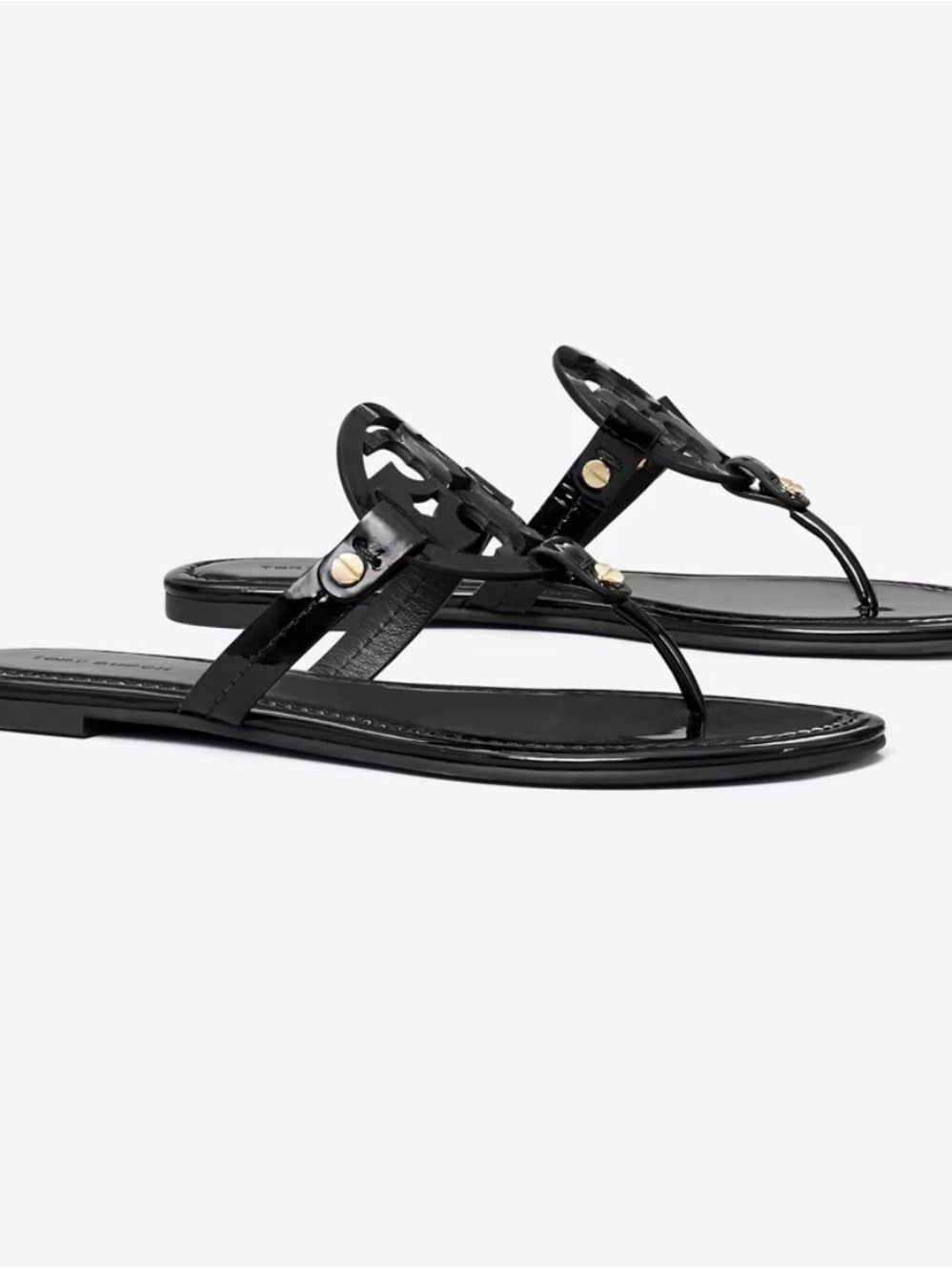 Tory Burch Black Patent Leather Logo Thong Sandals with Gold Accents - Picture 1 of 6